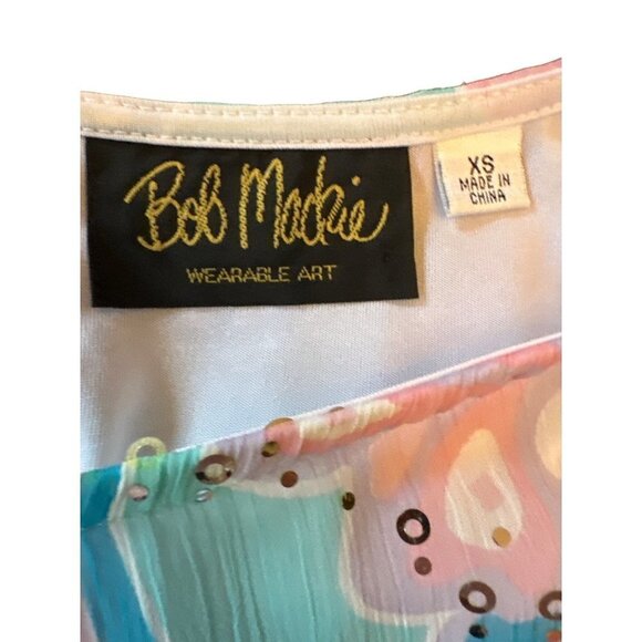 Bob Mackie Blue Pink Abstract Sequin Flutter Sleeve Top Size X Small - Picture 3 of 6